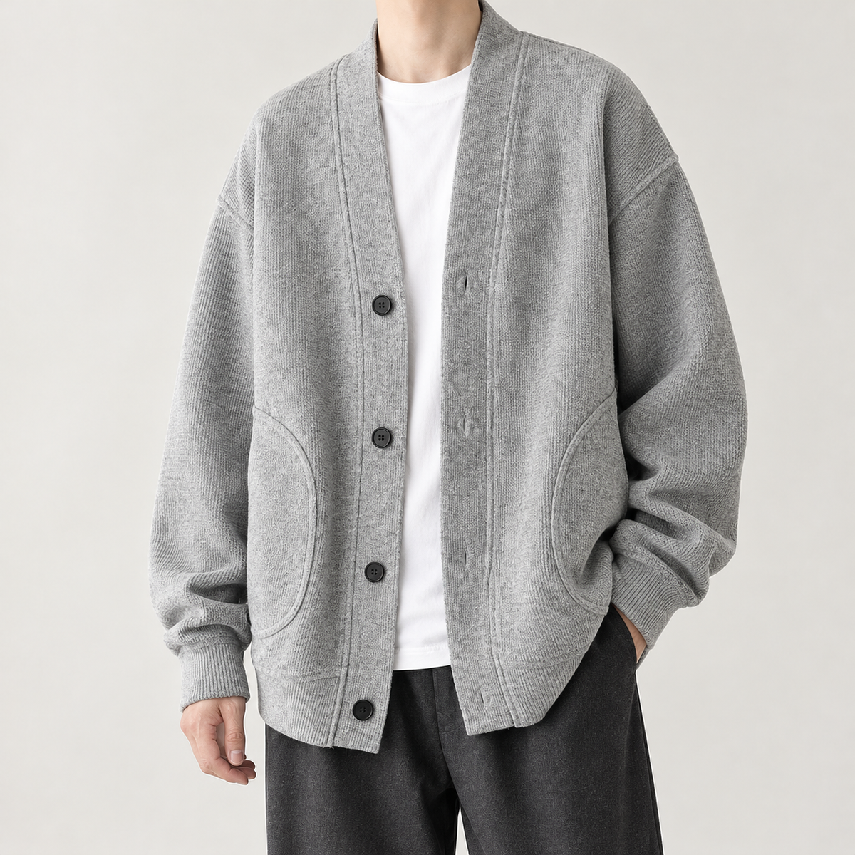 Leon Waffle Knit Cardigan - Light Gray