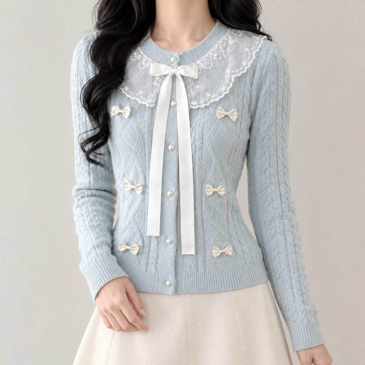 Ilenia Bow Cable Cardigan - Blue