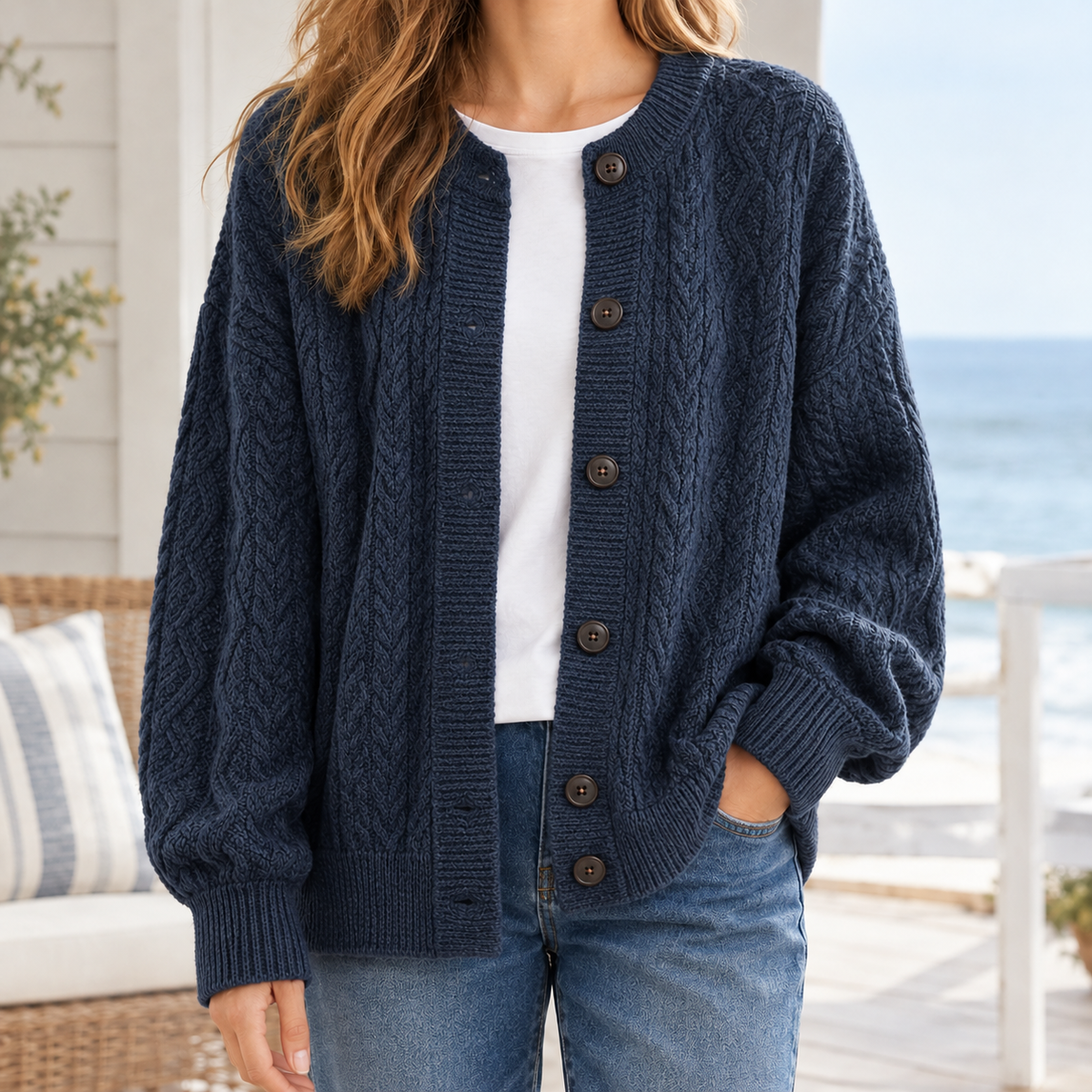 Althea Cable Knit Cardigan - Navy Blue