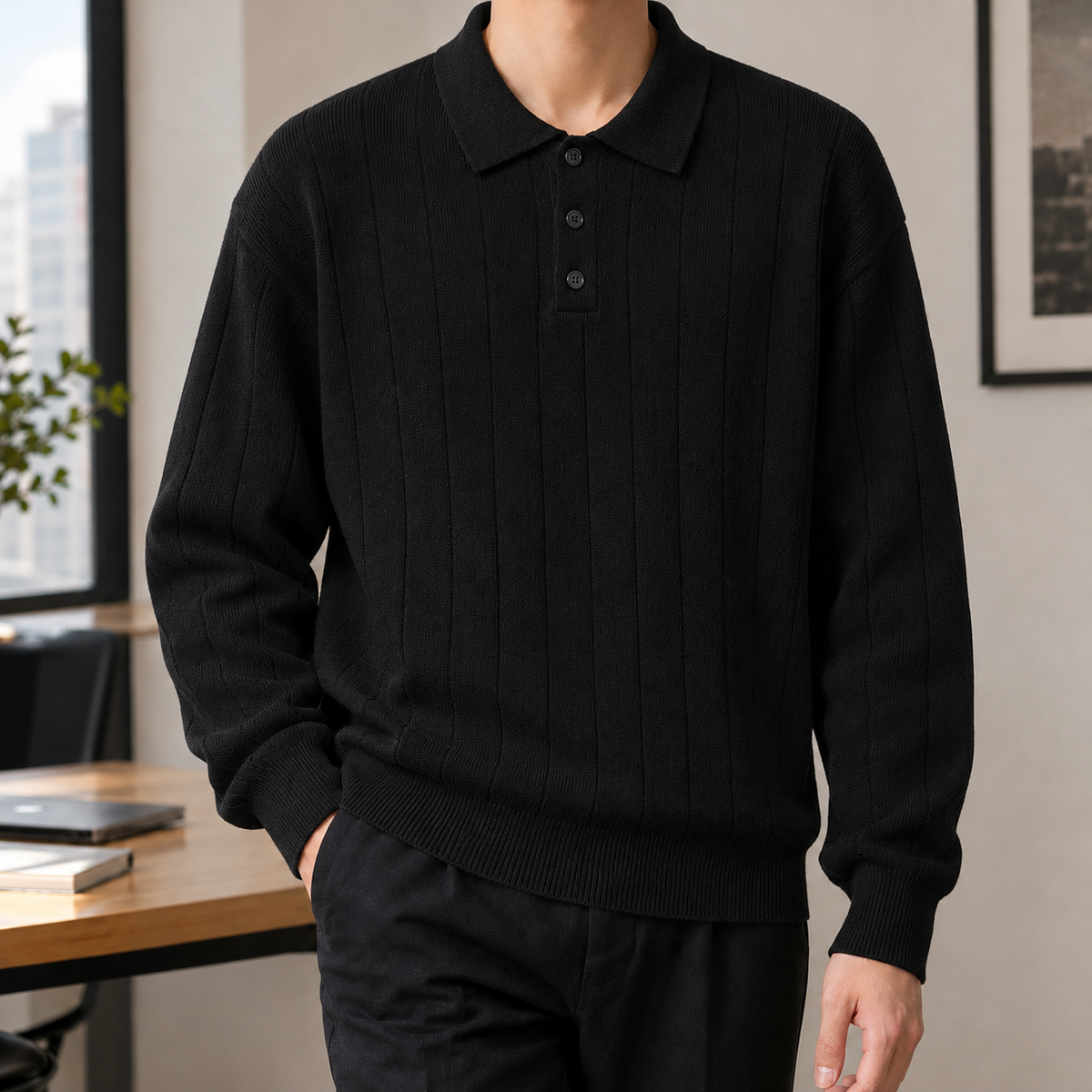 Eugenio Ribbed Polo Sweater - Black