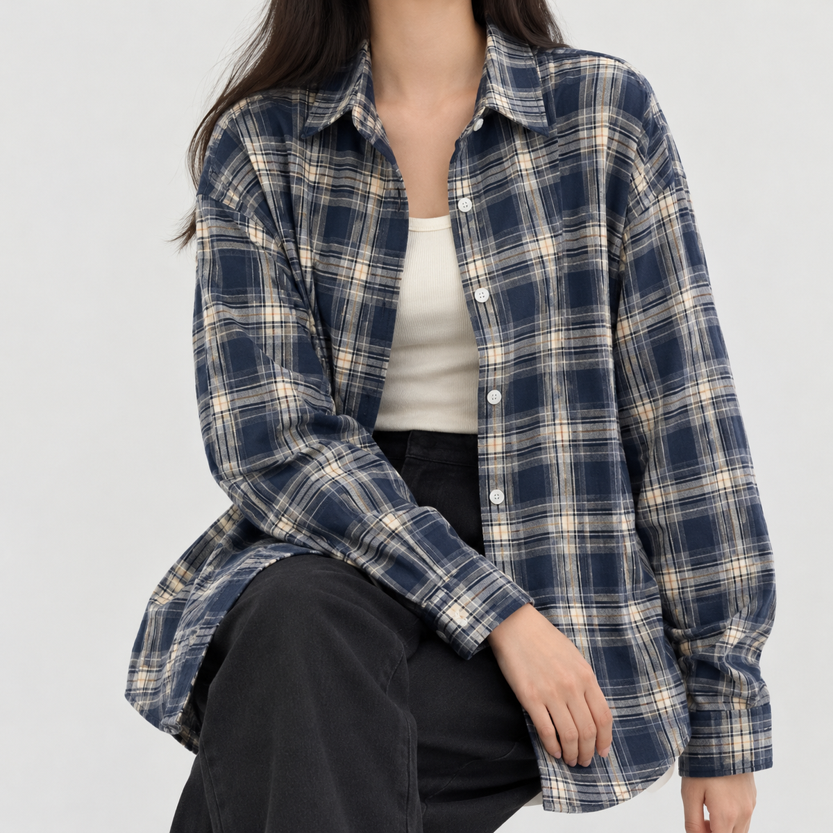Carlijn Relaxed Plaid Shirt - Navy Blue