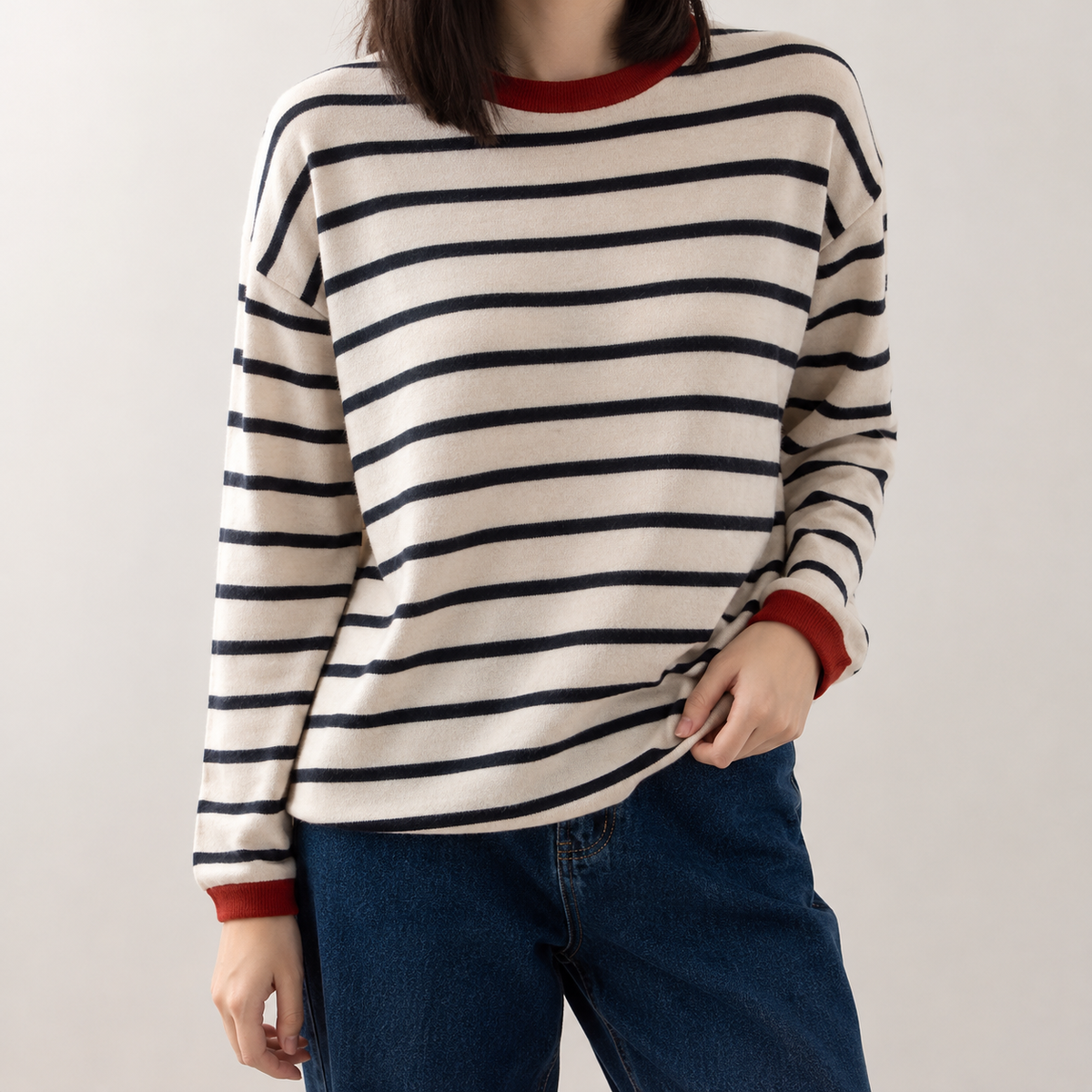 Vanda Striped Sweater - Beige Red Accents