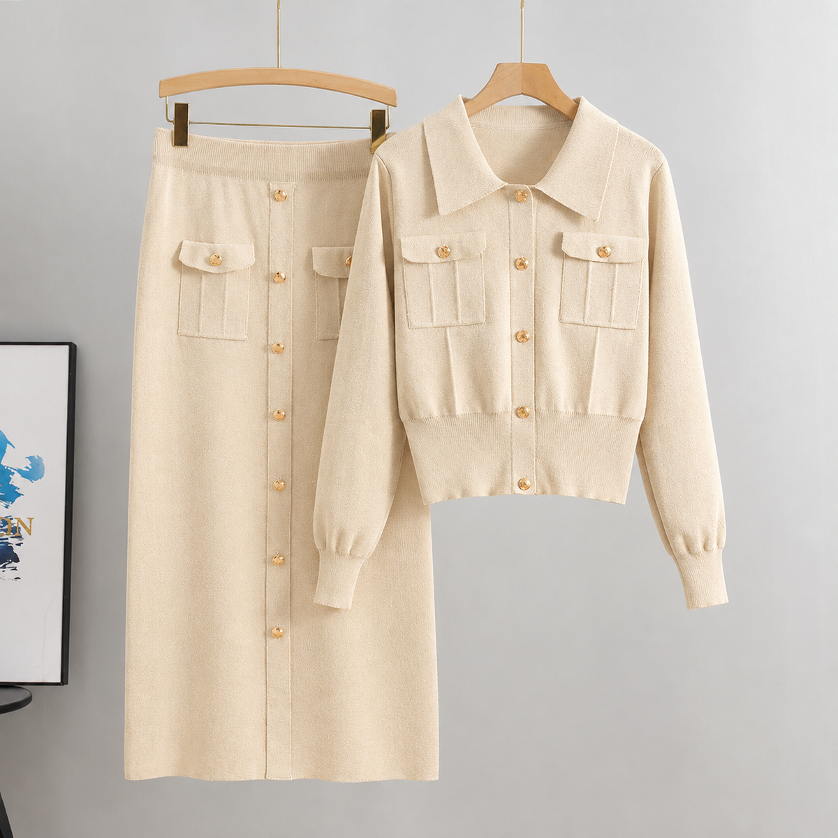 Martina Button Front Knit Set - Apricot
