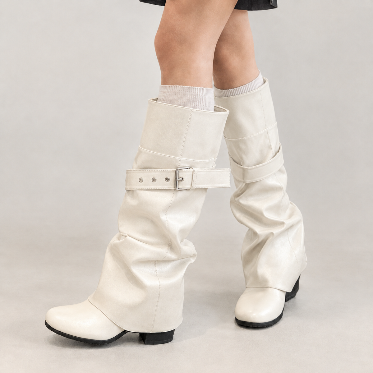 Azelie Buckled Knee High Boots - White