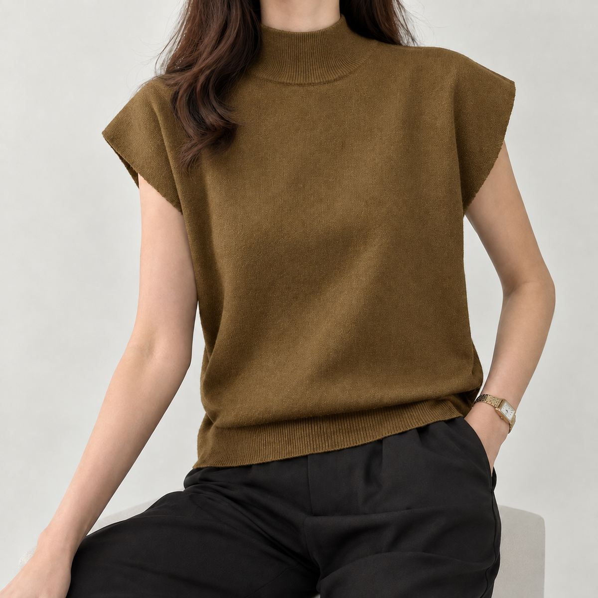 Elettra Mock Neck Top - Yellow Coffee