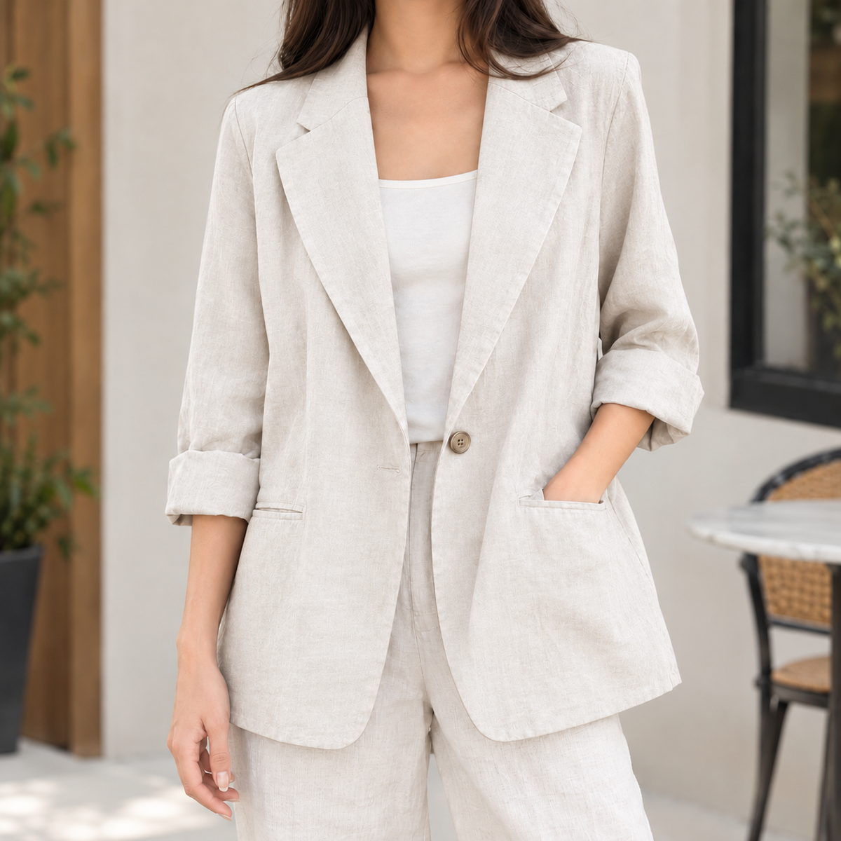 Amaryllis Relaxed Linen Blazer - Beige White