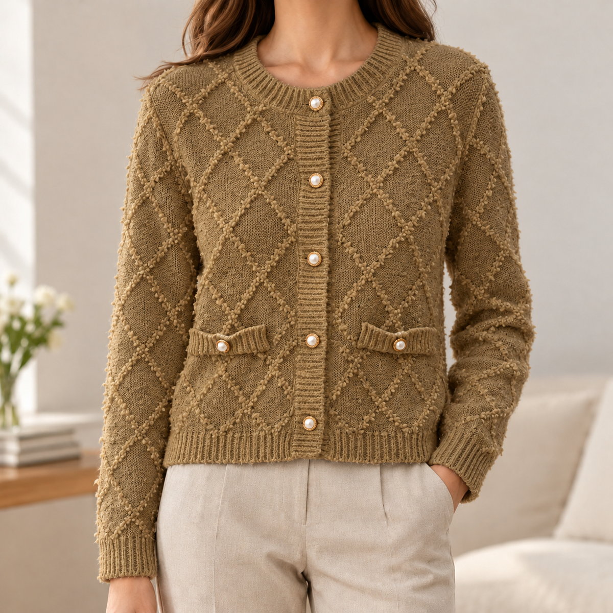 Lauriane Diamond Knit Cardigan - Khaki