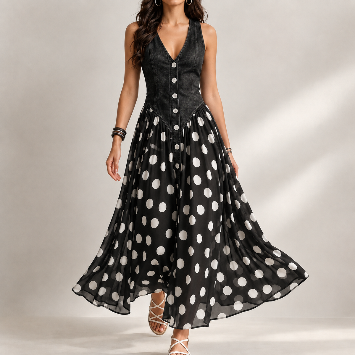 Salome Polka Maxi Dress - Black