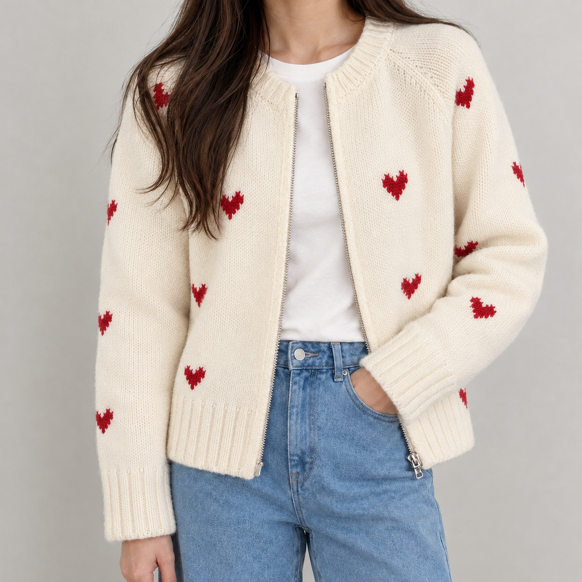 Elfriede Heart Knit Cardigan - Off White