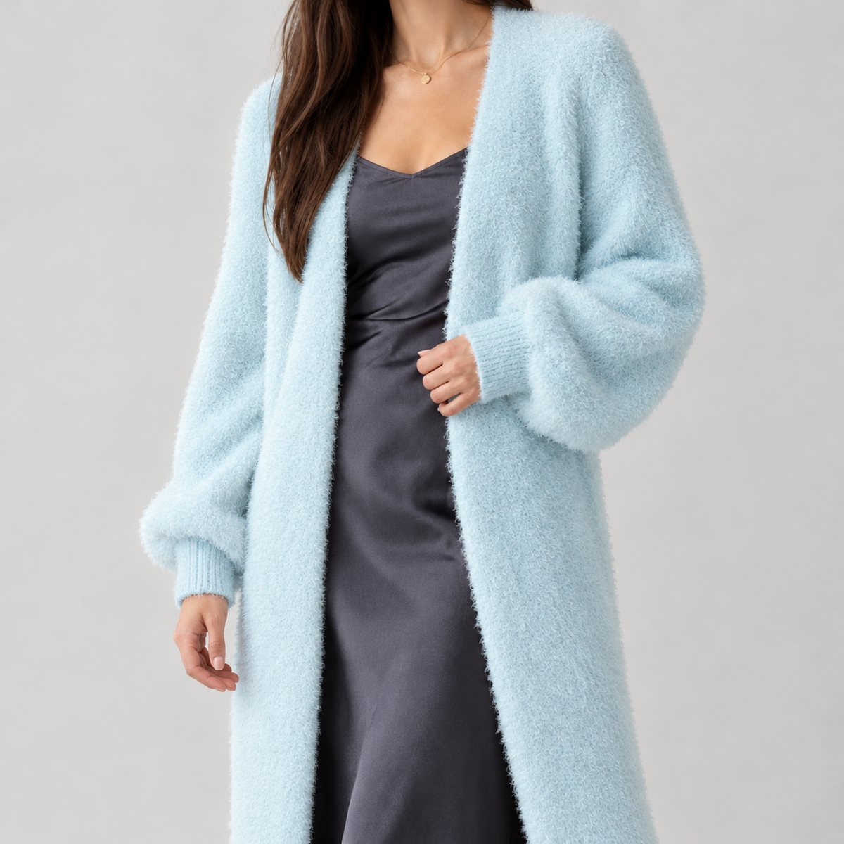 Fabiola Fuzzy Longline Cardigan - Light Blue