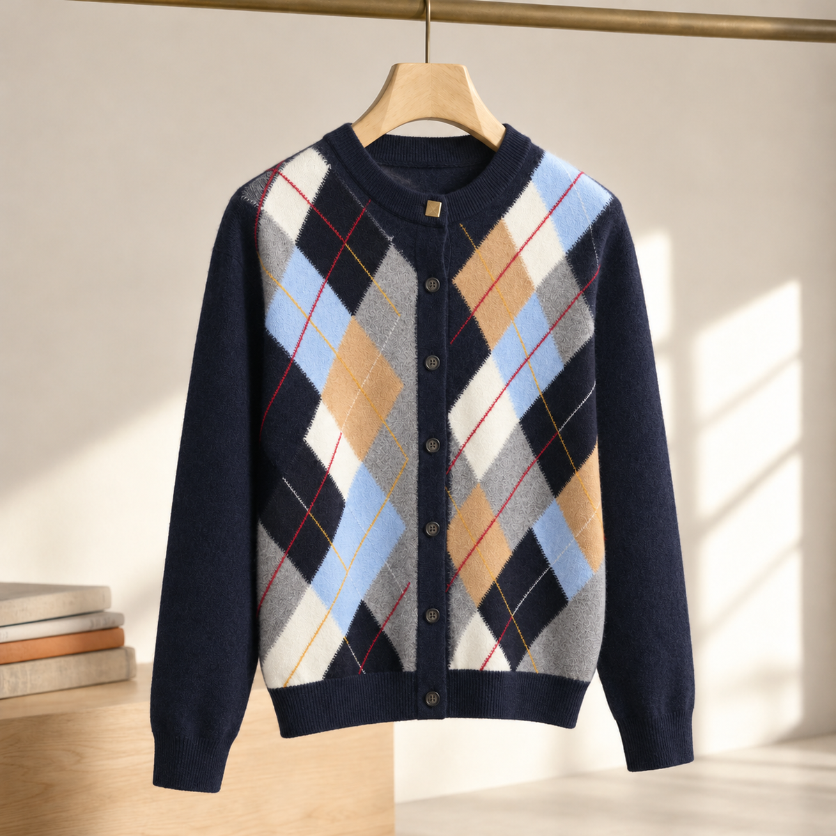 Justina Argyle Wool Cardigan - Navy Blue