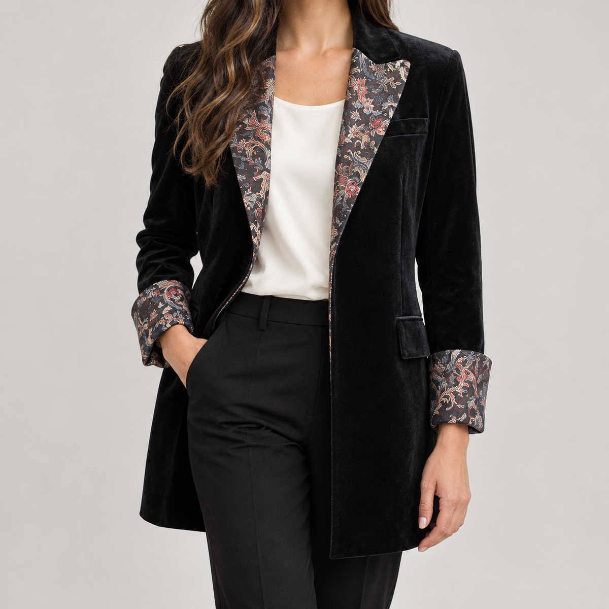 Cathrin Floral Lapel Blazer - Black