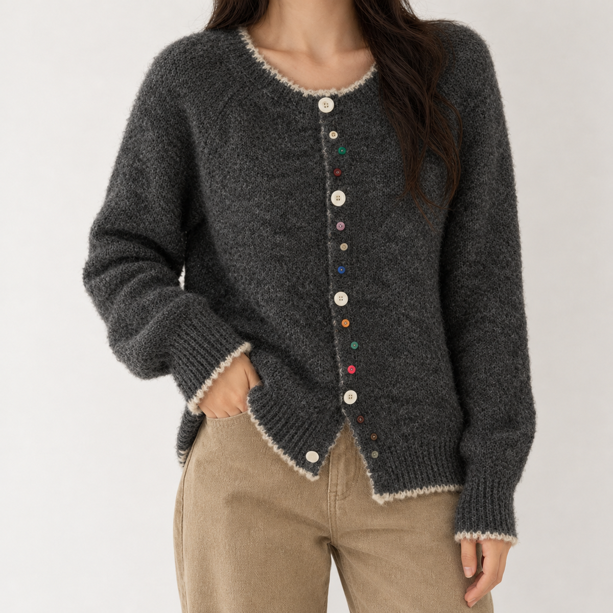 Winifred Contrast Cardigan - Dark Gray
