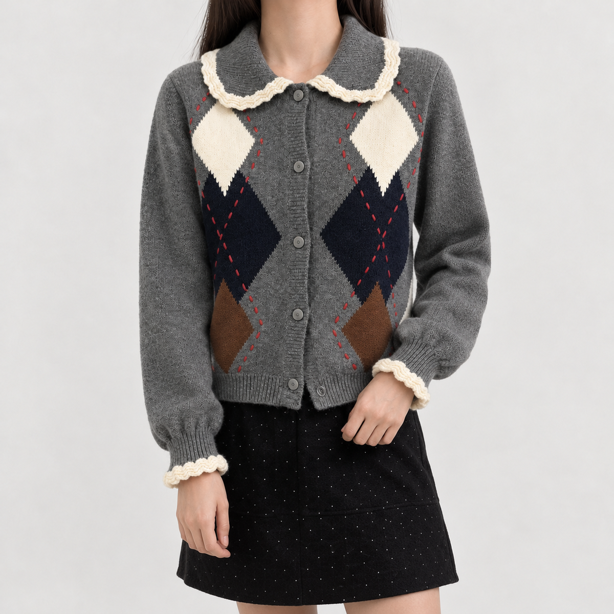 Brais Argyle Cardigan - Dark Gray