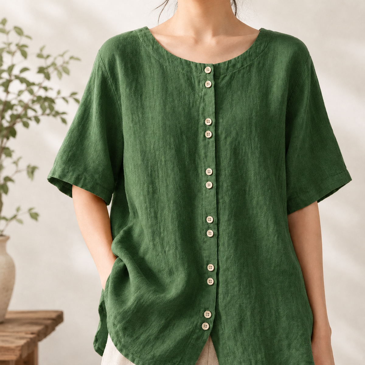 Borghild Button Front Top - Green