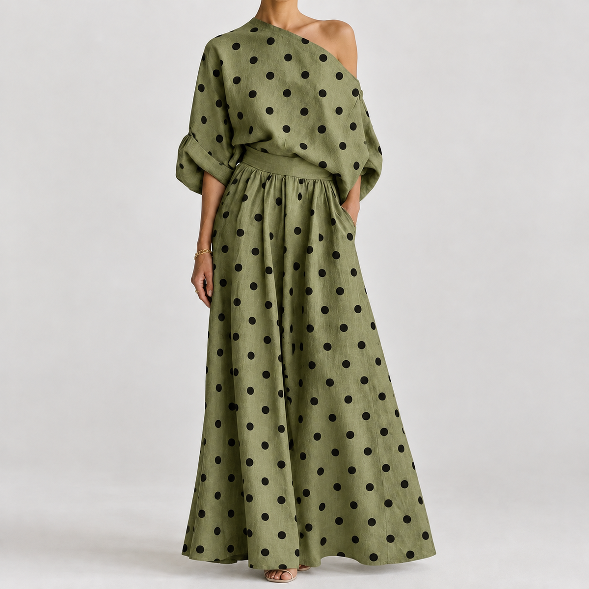 Rosaria Off Shoulder Skirt Set - Wave Point-olive