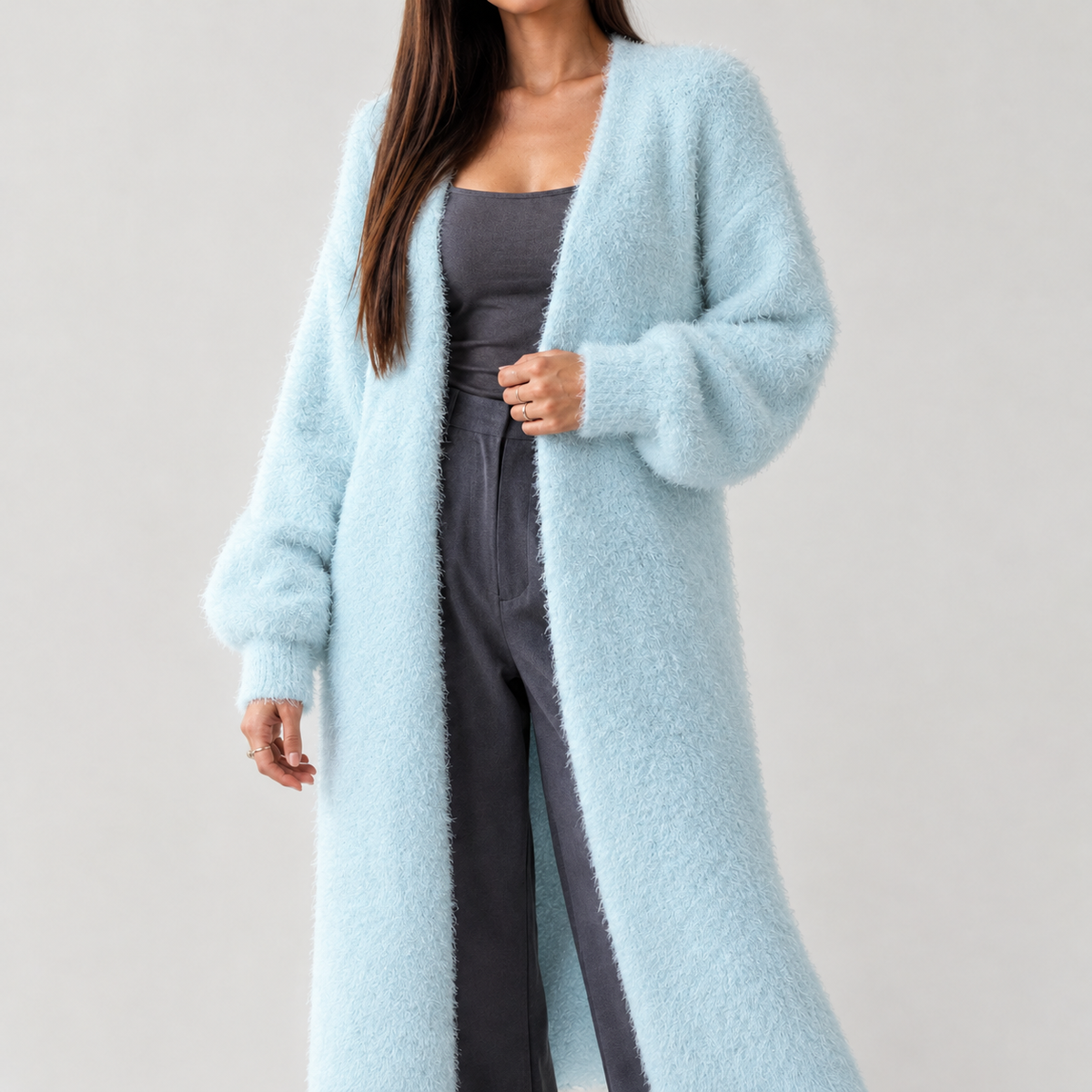 Fabiola Fuzzy Longline Cardigan - Light Blue