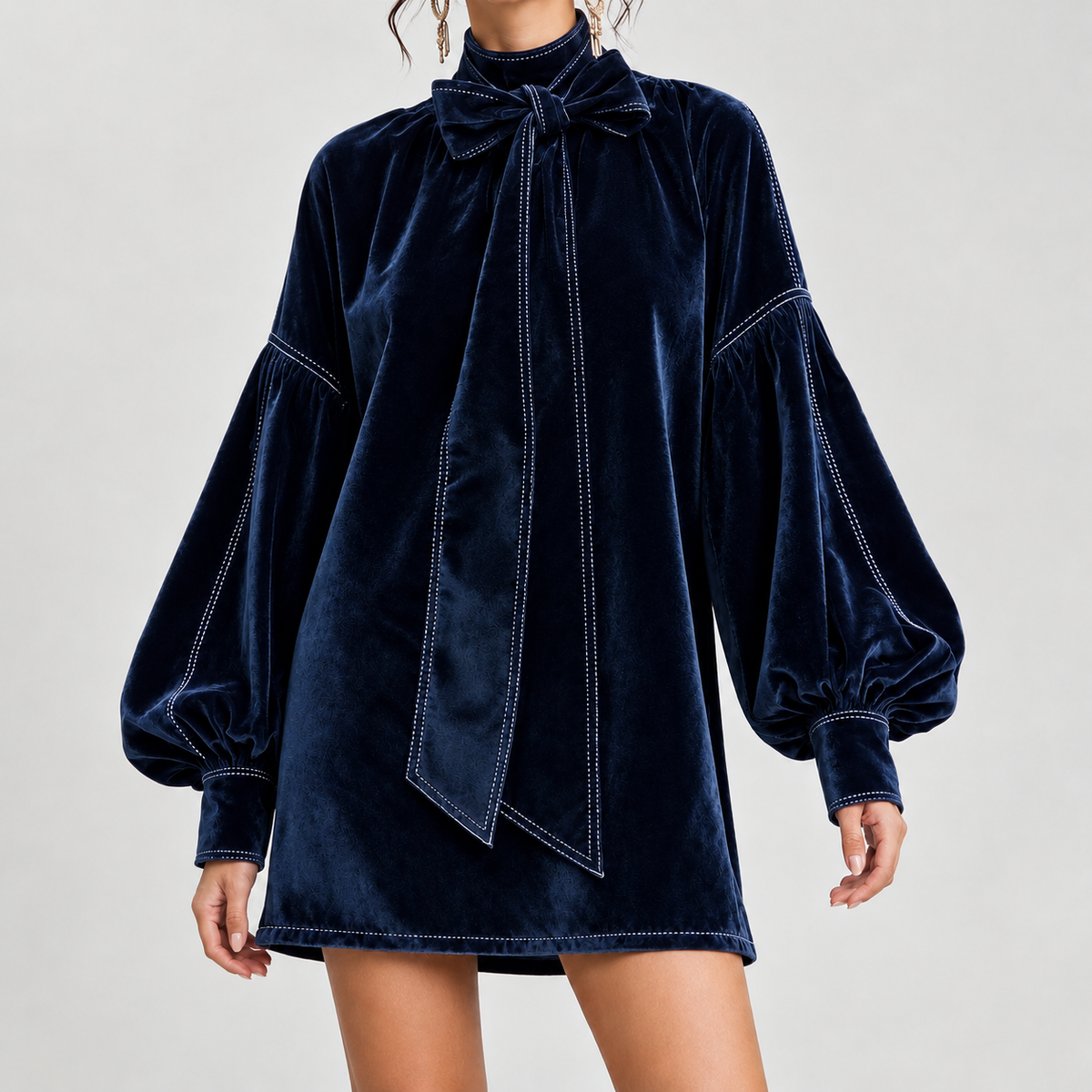 Fernande Bow Neck Dress - Dark Blue