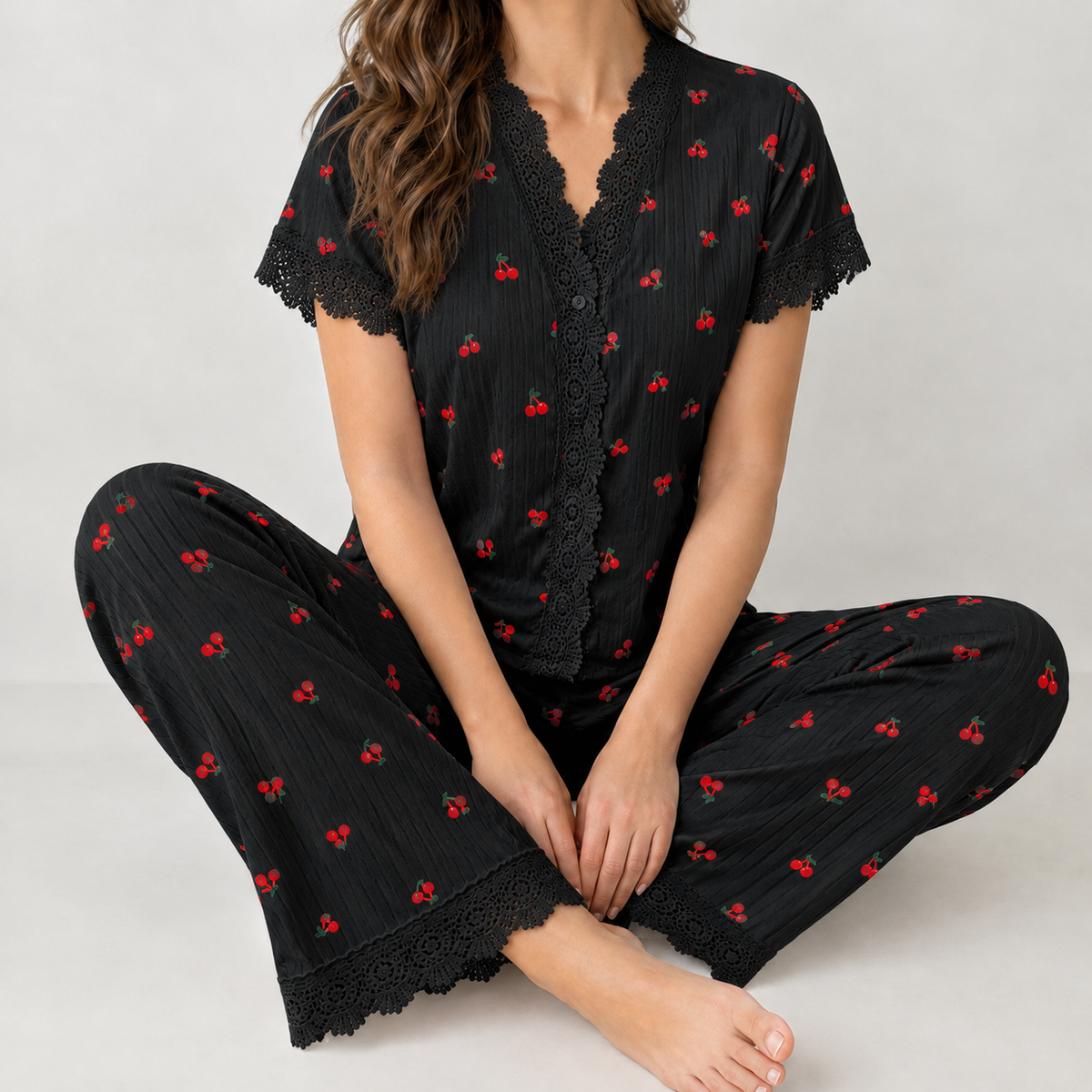 Charlene Lace Trim Pajama Set - Red Cherries On A Black Background