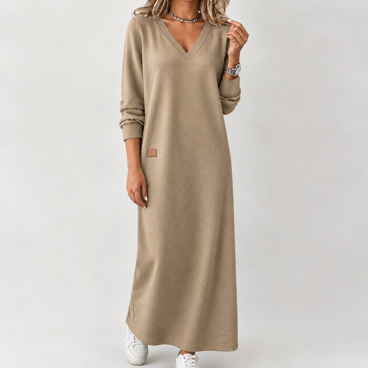 Engla V Neck Dress - Khaki