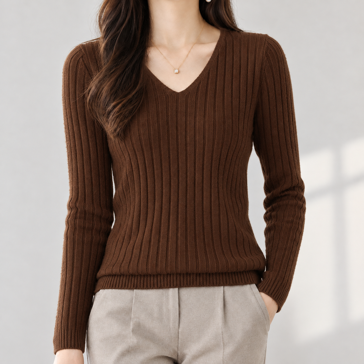 Aline V Neck Sweater - Caramel Brown