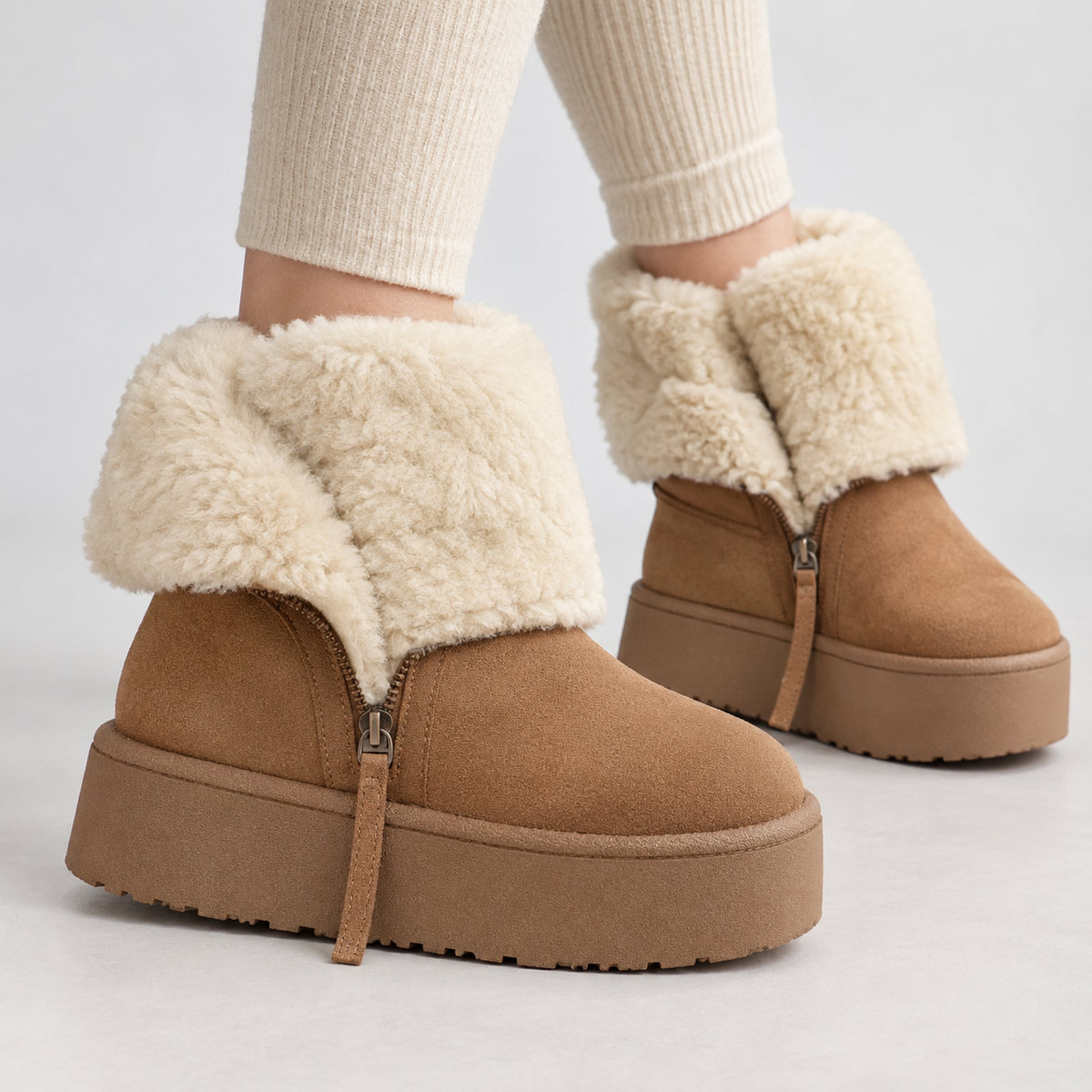 Margrethe Plush Platform Boots - Camel