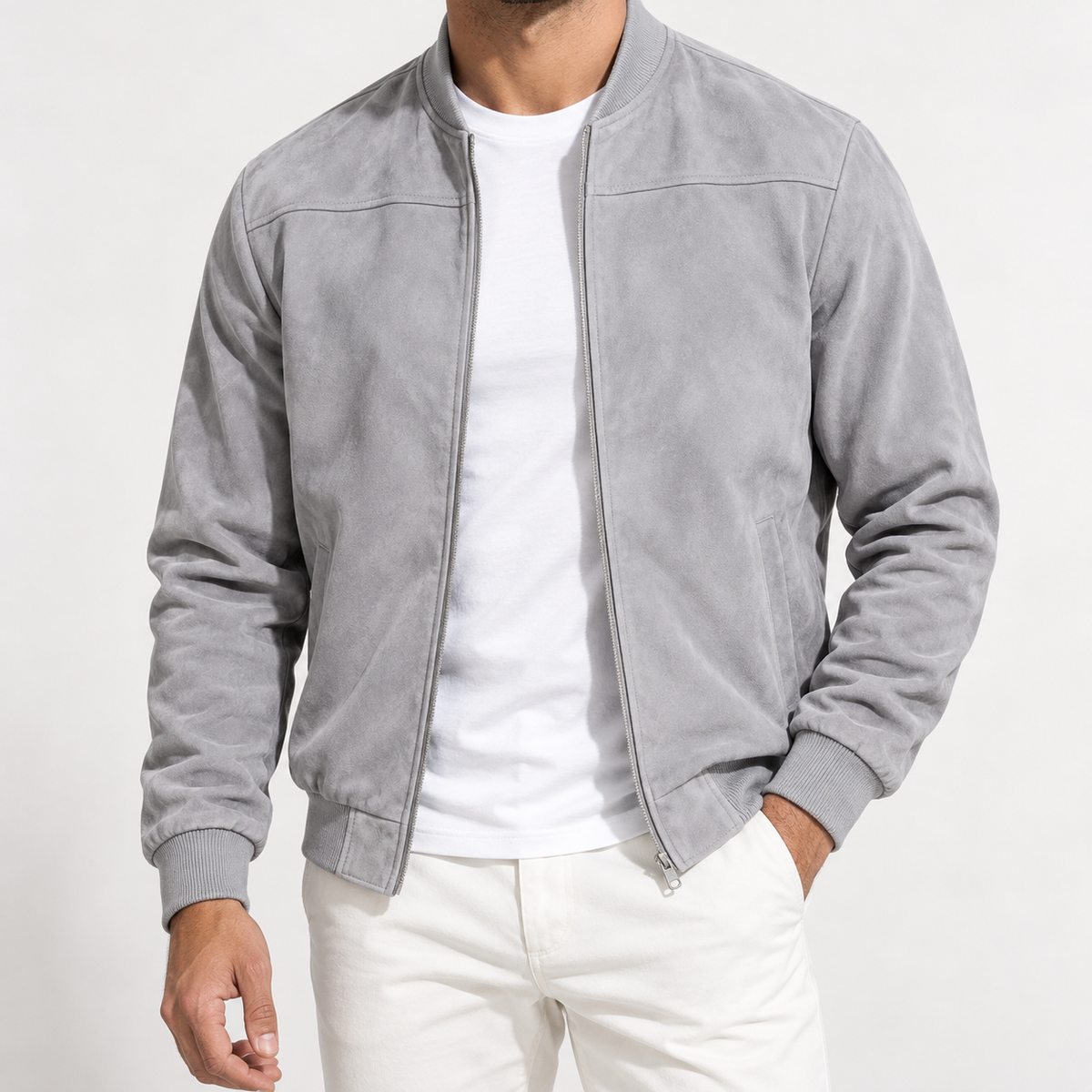 Albrecht Suede Bomber Jacket - Light Gray