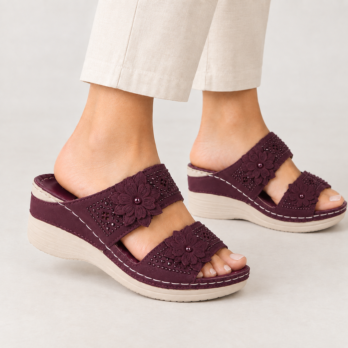 Loreto Floral Wedge Sandals - Burgundy