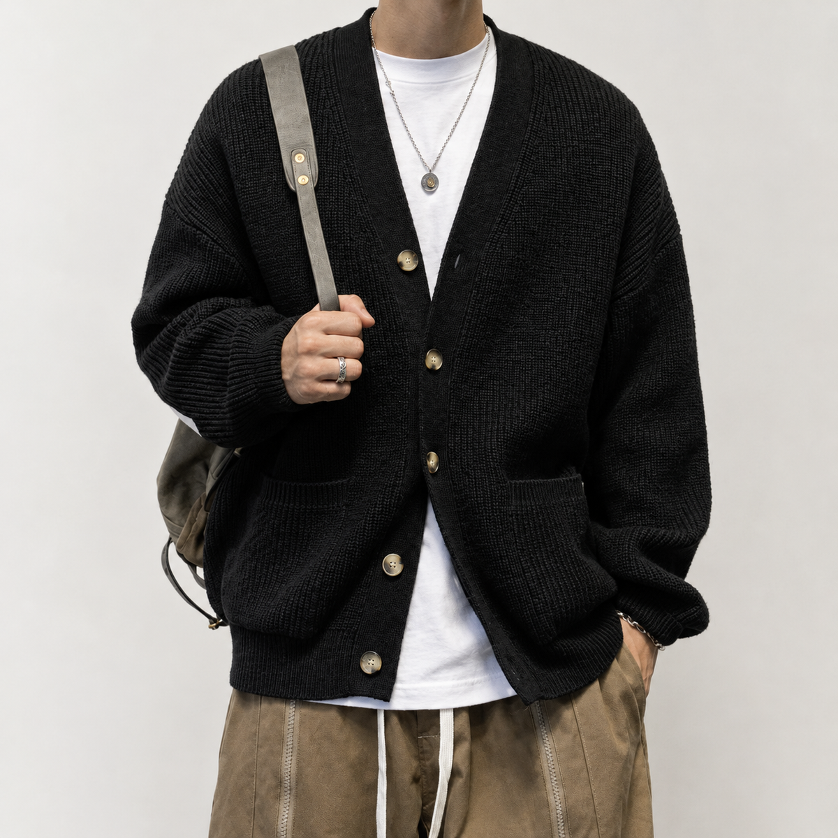 Fannar Textured Knit Cardigan - Black