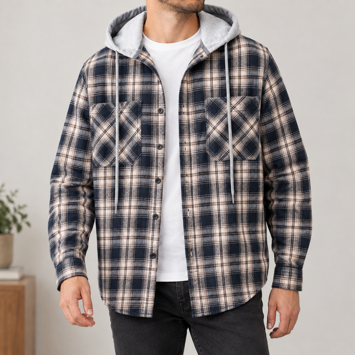 Gilberto Hooded Overshirt - Navy Blue Plaid