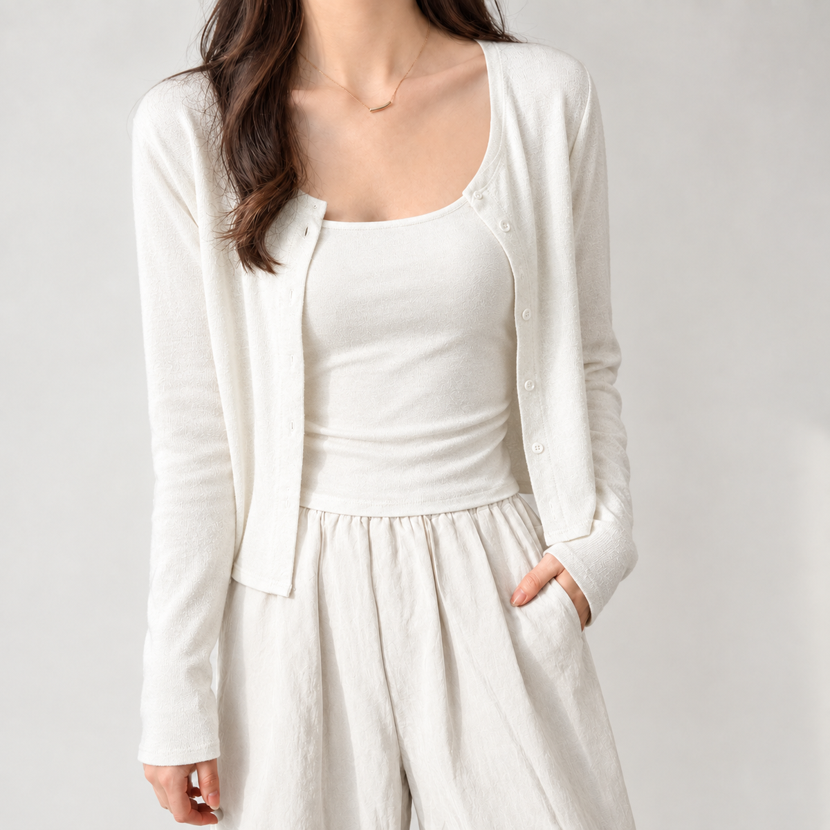Cassia Button Front Cardigan - White