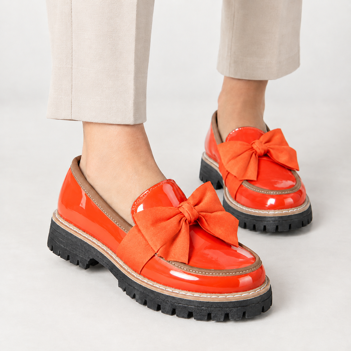 Cristina Bow Loafers - Orange Red
