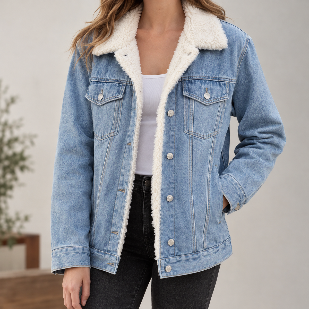 Albano Sherpa Denim Jacket - Light Blue