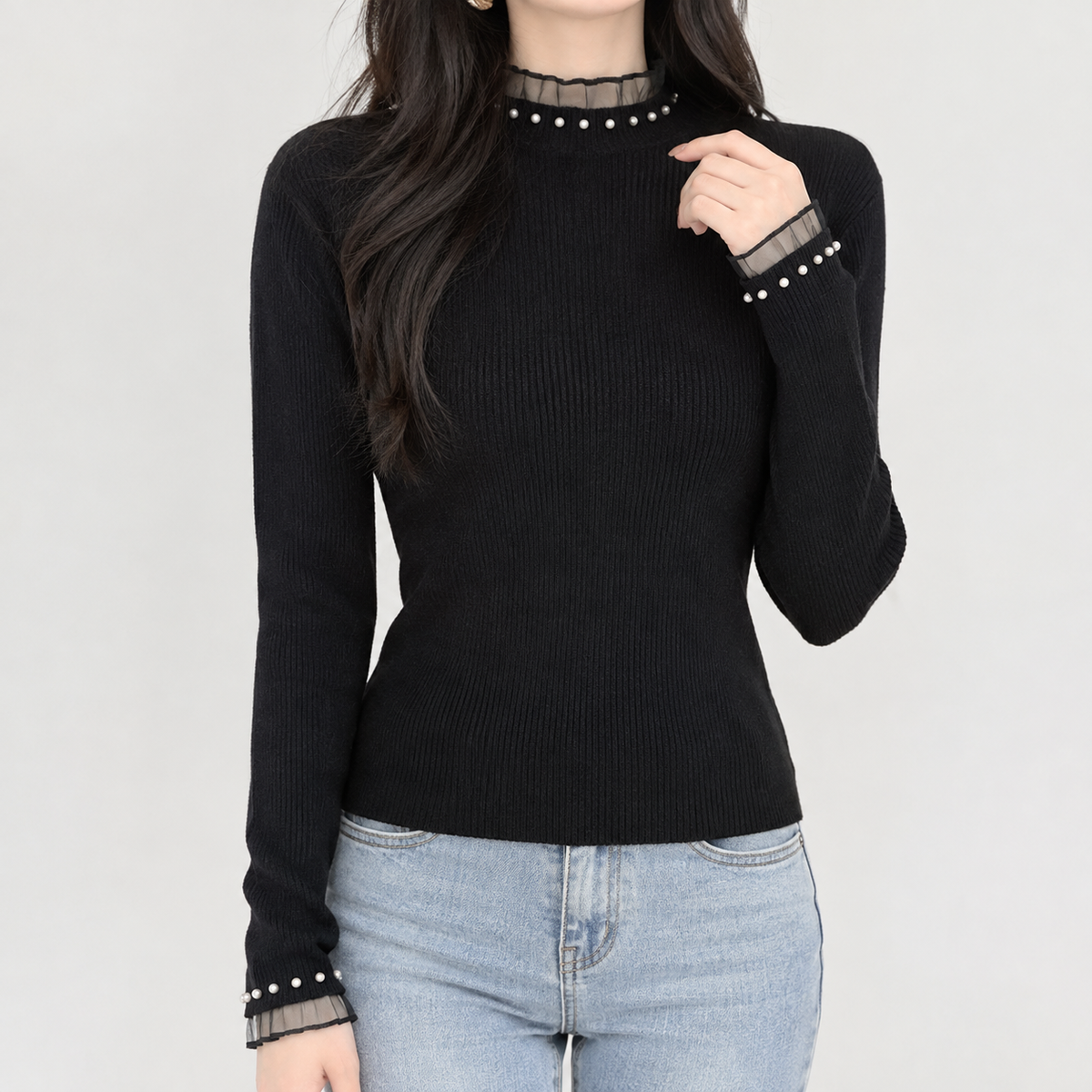 Rose Pearl Trim Sweater - Black