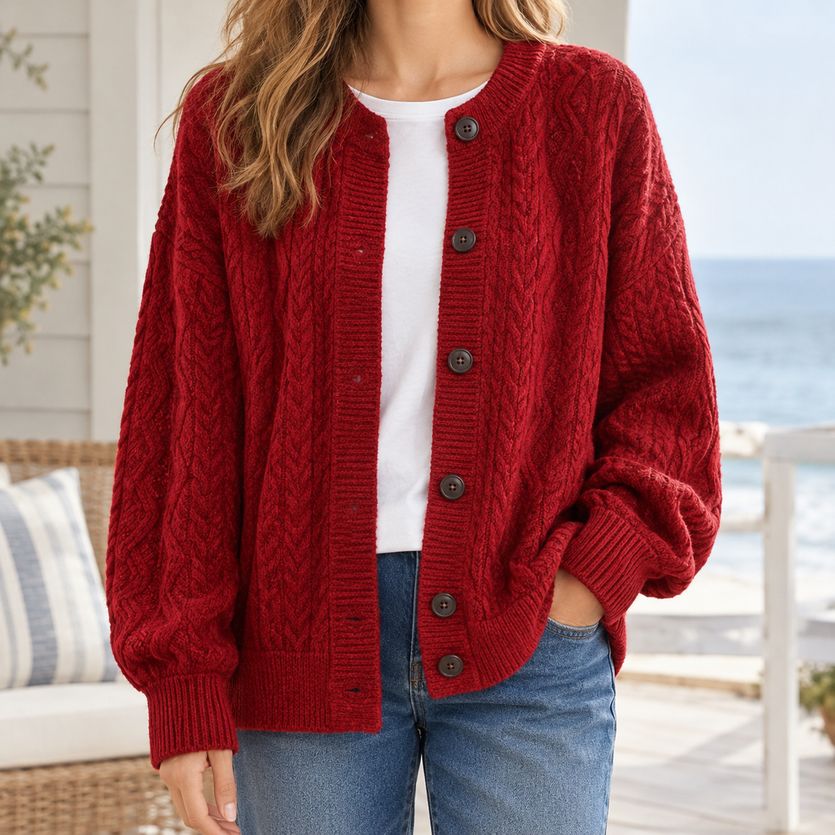 Althea Cable Knit Cardigan - Red