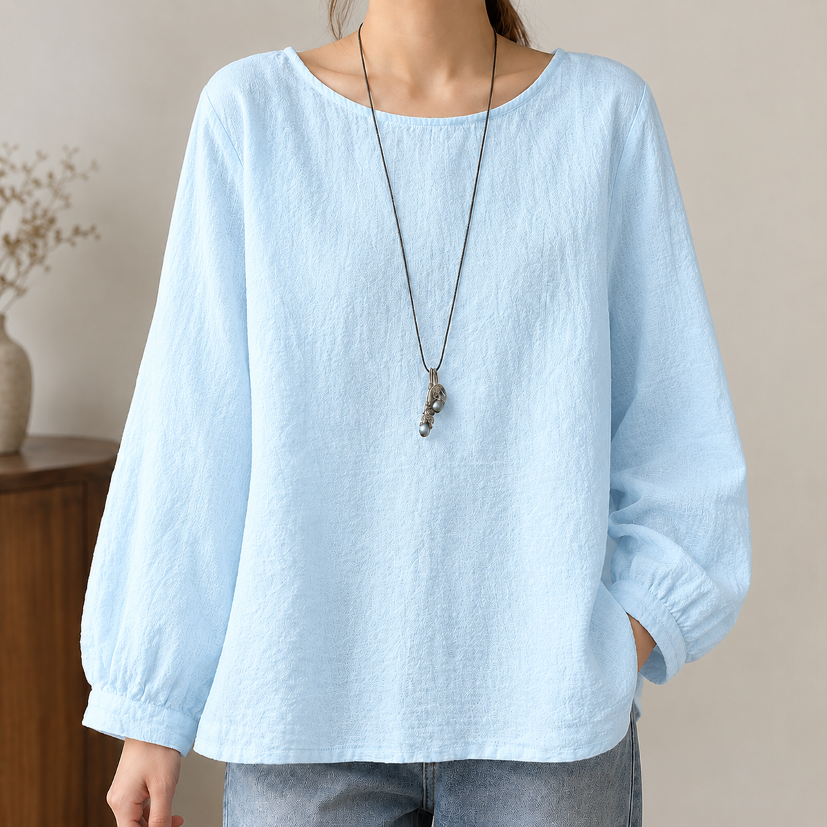 Alvina Round Neck Top - Light Blue