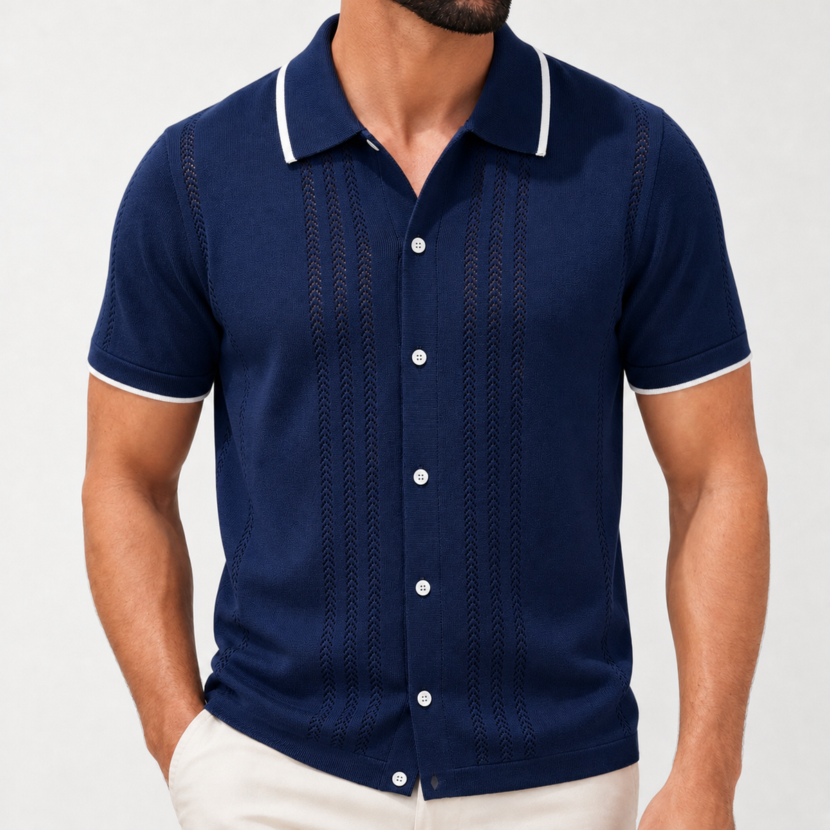 Norman Pointelle Cardigan - Navy Blue
