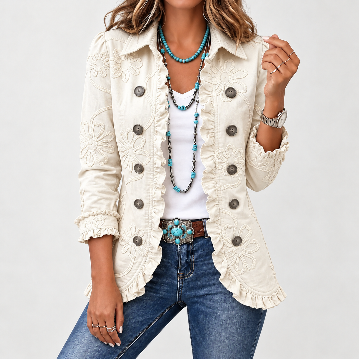 Hermine Floral Ruffle Jacket - Off White