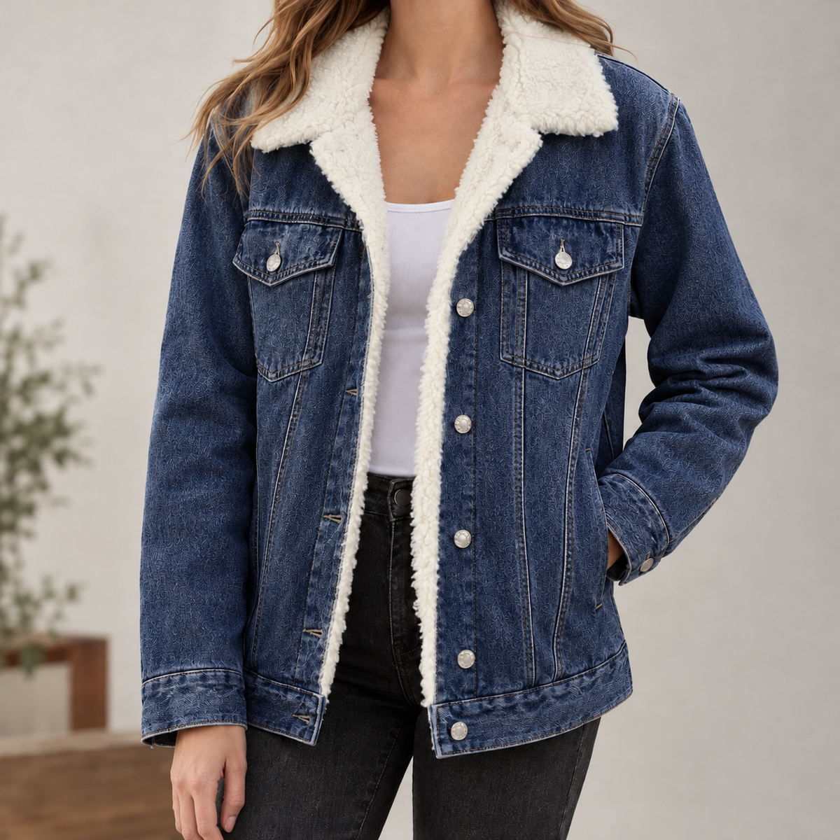 Albano Sherpa Denim Jacket - Dark Blue