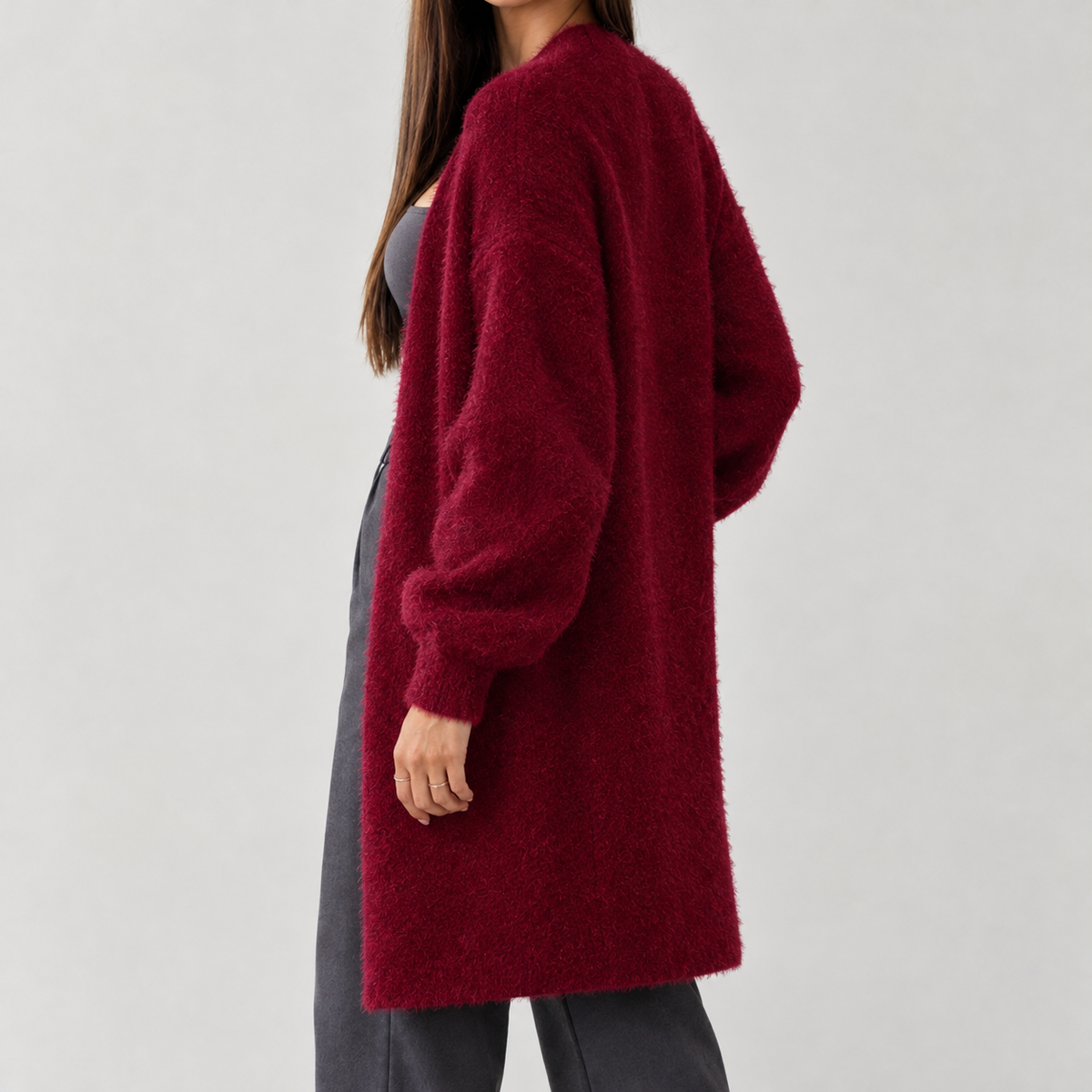 Fabiola Fuzzy Longline Cardigan - Burgundy