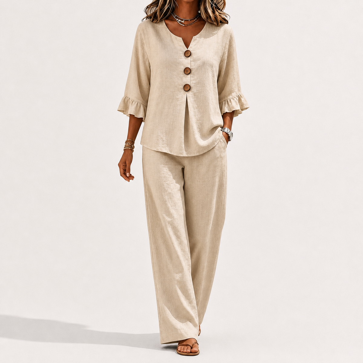 Maxine Ruffle Sleeve Set - Khaki