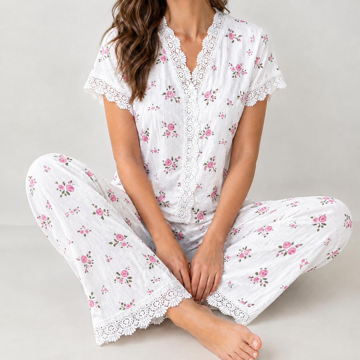 Charlene Lace Trim Pajama Set - White Background Flowers