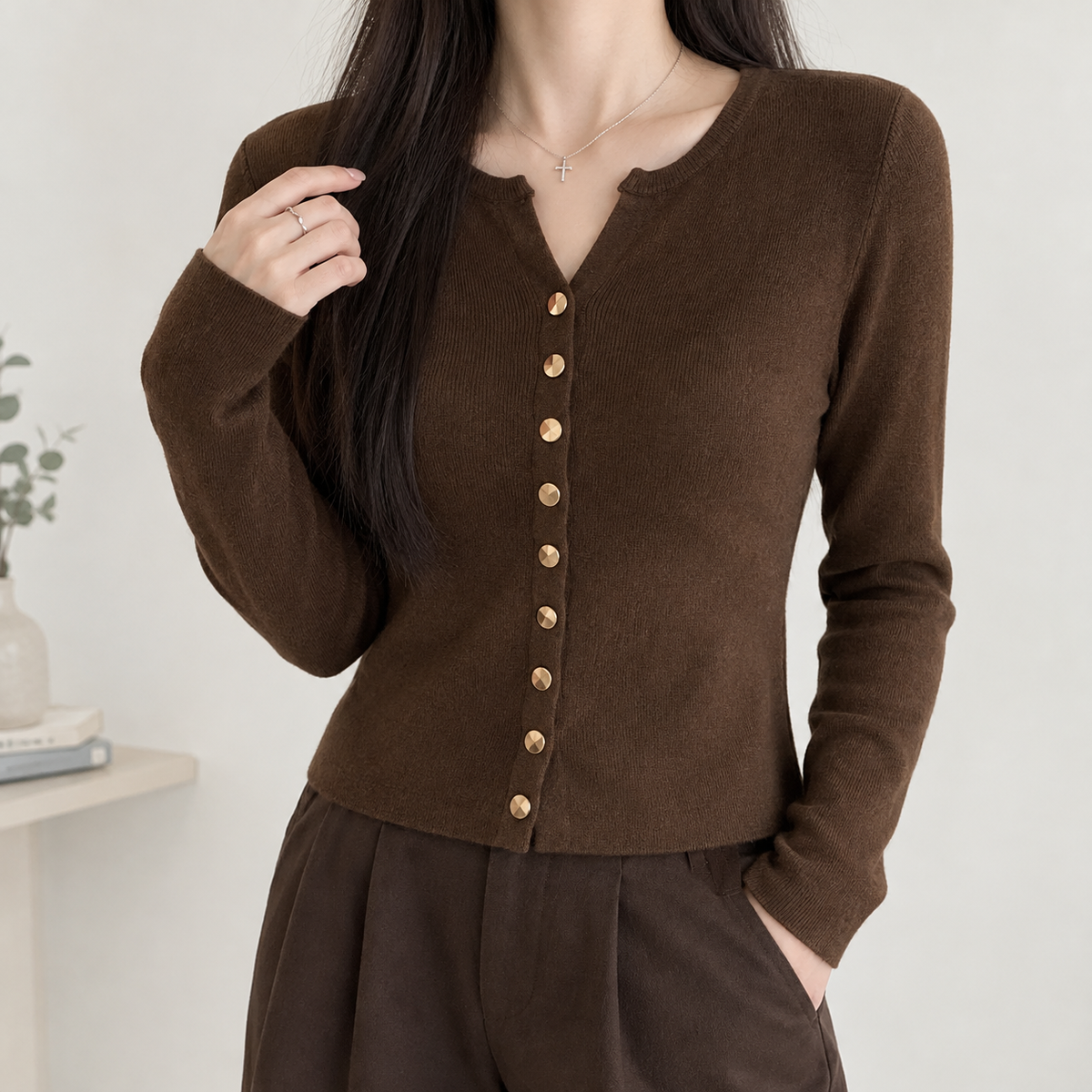 Clarence Button Cardigan - Coffee