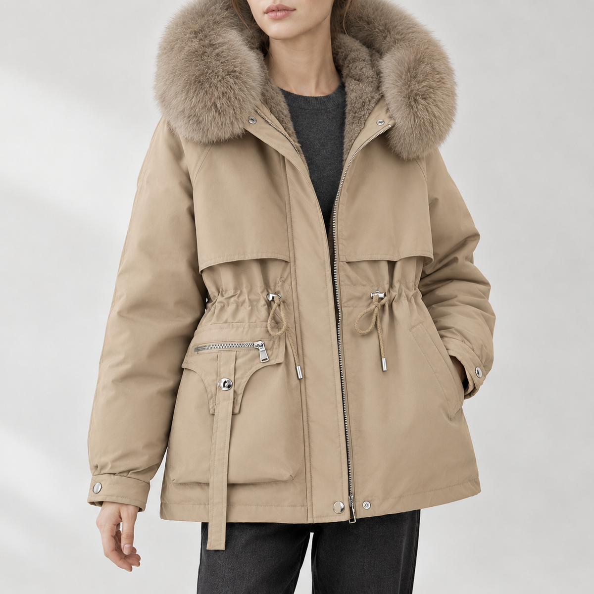Anja Fur Trim Jacket - Khaki