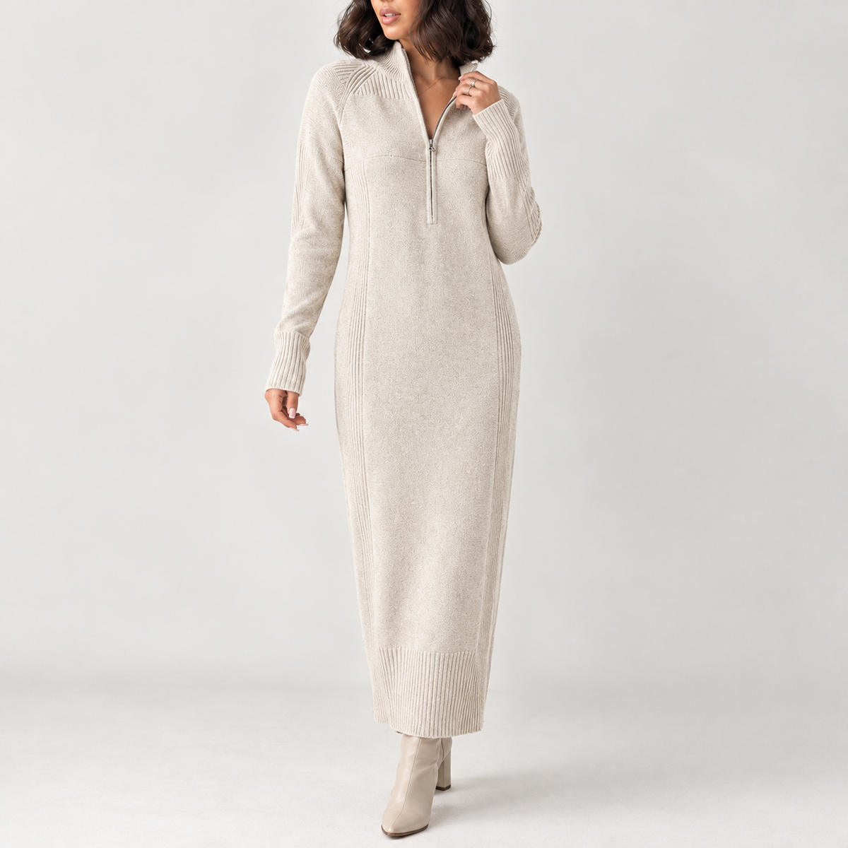 Hugrun Half Zip Dress - Beige