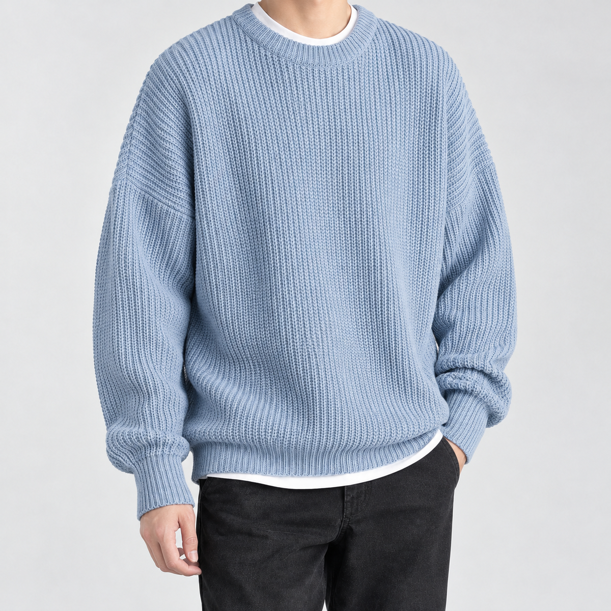 Sebastien Ribbed Crew Neck Sweater - Light Blue