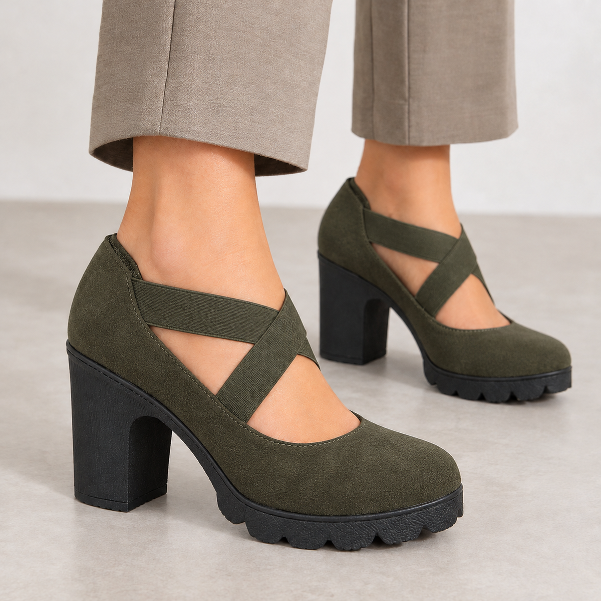 Birte Cross Strap Heels - Military Green