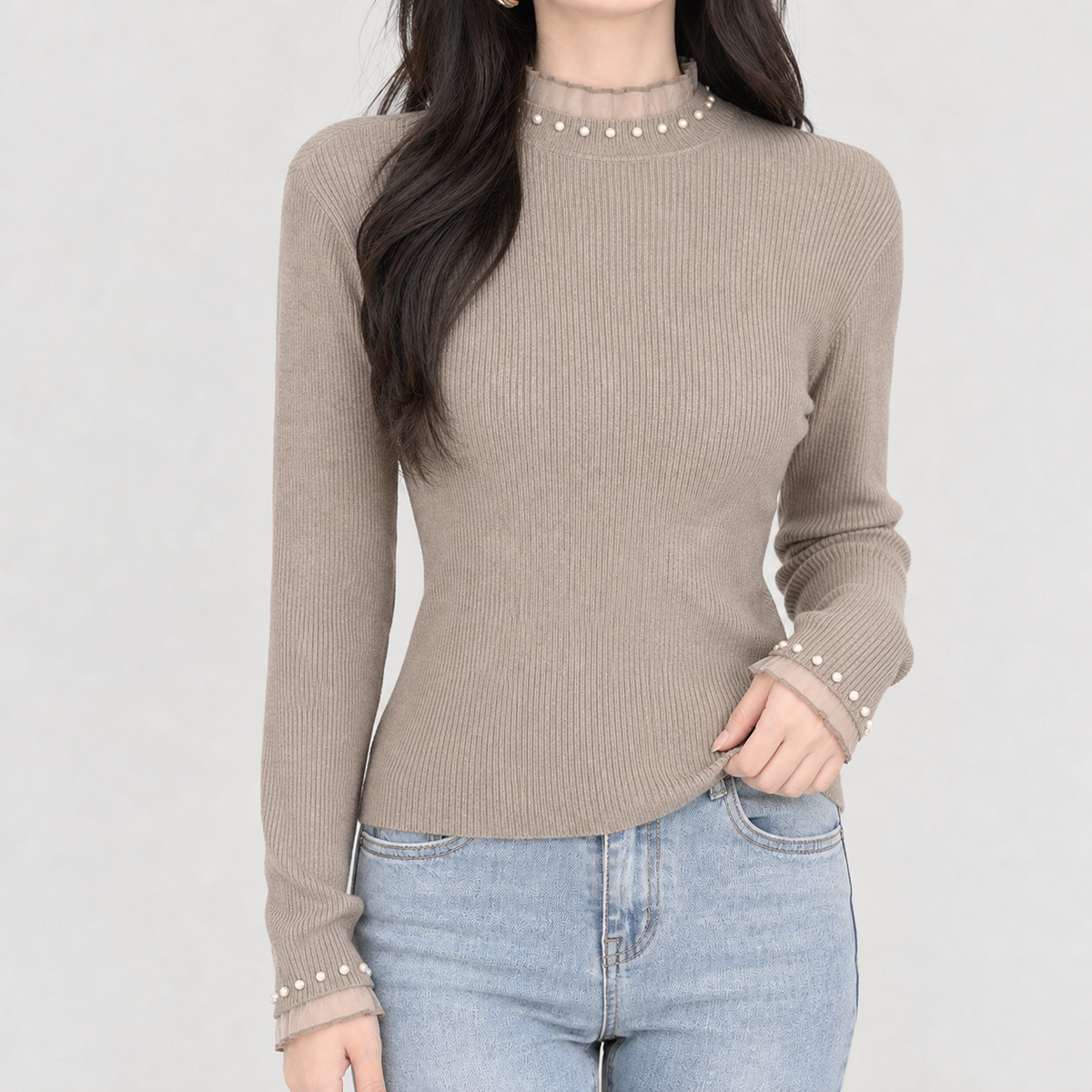 Rose Pearl Trim Sweater - Khaki