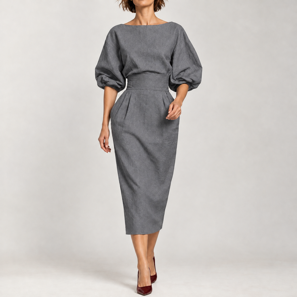 Anke Pleated Midi Dress - Gray