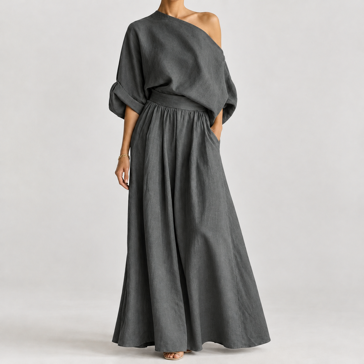 Rosaria Off Shoulder Skirt Set - Gray